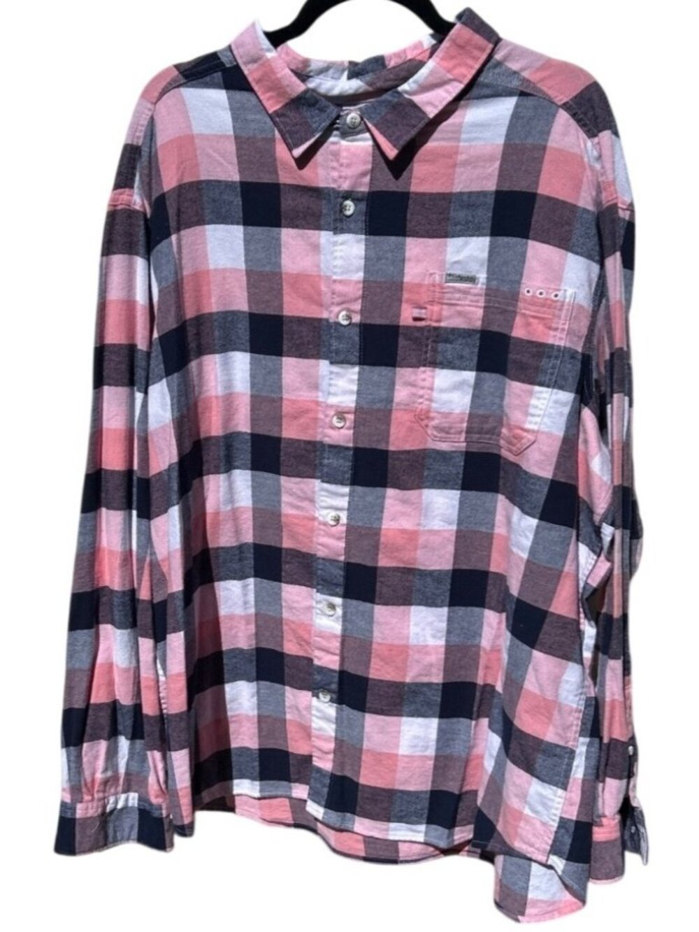 Columbia Womens XXL Plaid Button-Up Shirt Pink & Navy Cotton Blend